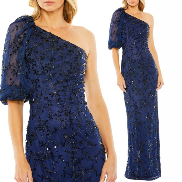 Mac Duggal 5912 Size 8 Dark Blue Black Floral Beaded Long Maxi Gown Dress - Picture 1 of 5
